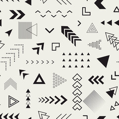 Poster - Geometric seamless pattern. Repeated abstract arrow background. Modern triangle gray texture. Repeating contemporary geometry design for prints. Repeat black and white patern. Vector illustration