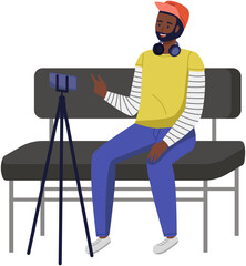 Poster - Podcaster making, blogger, technology concept. Young smiling man cartoon character sitting recording podcast on his smartphone. Person talking to friend with video call, study online with phone