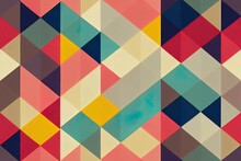Modern 2d Illustrated Abstract Geometric Background With Triangles, Rectangles, Squares And Chevrons In Retro Scandinavian Style. Pastel Colored Simple Shapes Graphic Seamless Pattern.