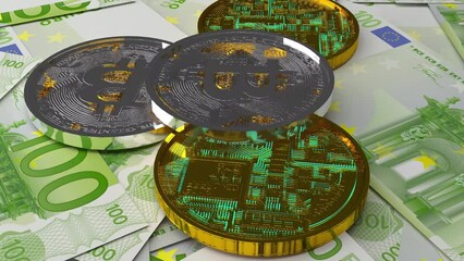 Poster - A Lot Of Bitcoin Crypto currency Gold Bitcoin BTC Bit Coin falling loop animation. Blockchain technology, bitcoin mining concept. 3d Crypto Digital Currency, BTC, Stock Market. green screen