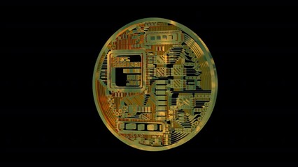 Poster - 3D render of a rotating Golden bitcoin real coin, minted on a green background, Bitcoin coin spinning, Gold Bitcoin in a 360-degree turn, alpha channel, chroma key
