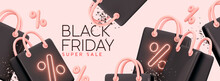 Black Friday Super Sale. Bright Promo Banner, Advertising Web Poster, Realistic 3d Design Elements. Shopping Bag, Neon Percent Symbols. Pink Background Pattern Black Shop Bag. Vector Illustration