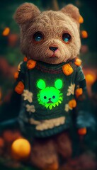 Poster - Close-up of a scary teddy bear in a scary illuminated forest.