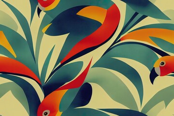 Sticker - Abstract art seamless pattern with parrots and tropical leaves. Modern exotic design for paper cover fabric interior decor and other users.