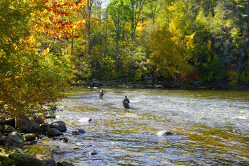 Two fly fishermen in a river in New England