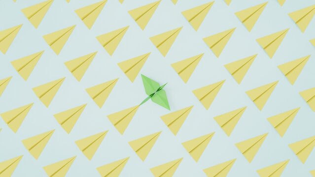 Origami of lime green crane and many soft yellow airplanes on green board under white lighting background. Concept 3D CG of Japanese traditional culture, wish for world peace and legendary president.
