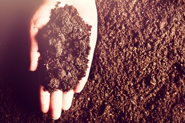 Canvas Print - Farmer hand holding dark soil on field background.