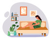 Slump Laziness concept. Sad young girl sits on bed. Frustration and depression, procrastination. Woman bored in apartment. Mental health and psychology problems. Cartoon flat vector illustration