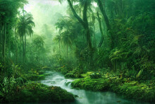 Tropical Jungles Of Southeast Asia In August. Digital Illustration Background.