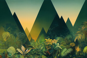 Tropical jungles of Southeast Asia in august. Digital illustration background.