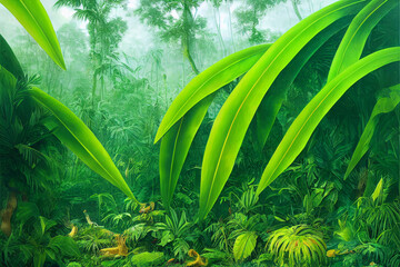 Wall Mural - Tropical jungles of Southeast Asia in august. Digital illustration background.