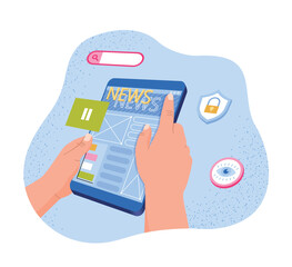 Poster - online news concept. character with tablet in his hands receives information from internet, mass med