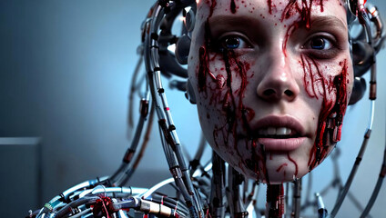 Bloody Cyborg Bionic Robot Woman Head