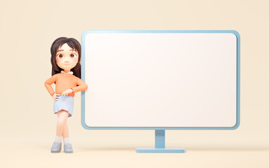 Wall Mural - The cartoon girl and computer monitor, 3d rendering.