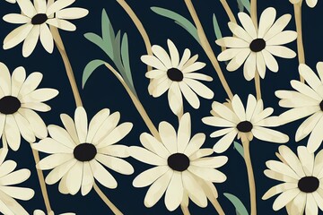 Poster - Floral seamless pattern with daisy chamomile flowers on black background.