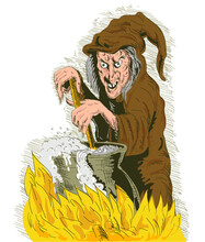 Hand Drawn Illustration Of A Witch Stirring Cooking Brew Pot