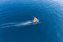 Aerial View Of A Traditional Fishing Boat Sailing In Ocean, Lombok, West Nusa Tenggara, Indonesia