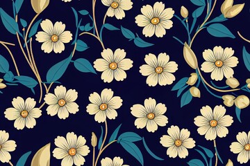 Poster - Fantasy flowers in retro vintage jacobean embroidery style. Seamless pattern on blue denim background. 2d illustrated illustration.