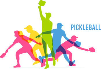 Wall Mural - colorful vector editable pickleball player poses for any graphic background