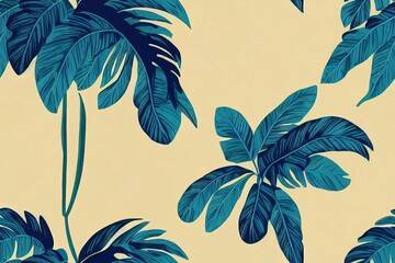 Banana palm trees, tropical leaves, wild animals, leopard, jaguar, floral seamless pattern background. Vintage exotic jungle illustration wallpaper