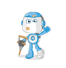 Sticker - humanoid robot sick with limping stick. cartoon mascot vector