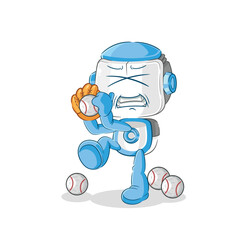 Sticker - humanoid robot baseball pitcher cartoon. cartoon mascot vector