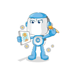 Sticker - humanoid robot traditional painter cartoon character vector