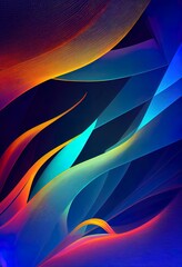 Poster - Blue and orange neon stream. High tech abstract curve background. Striped creative texture. Information transfer in a cyberspace. Rays of light in motion. 3d illustration