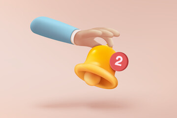 3D minimal notification bell icon with business holding hand on pastel background. new alert concept for social media element. 3d bell alarm icon for message vector render illustration