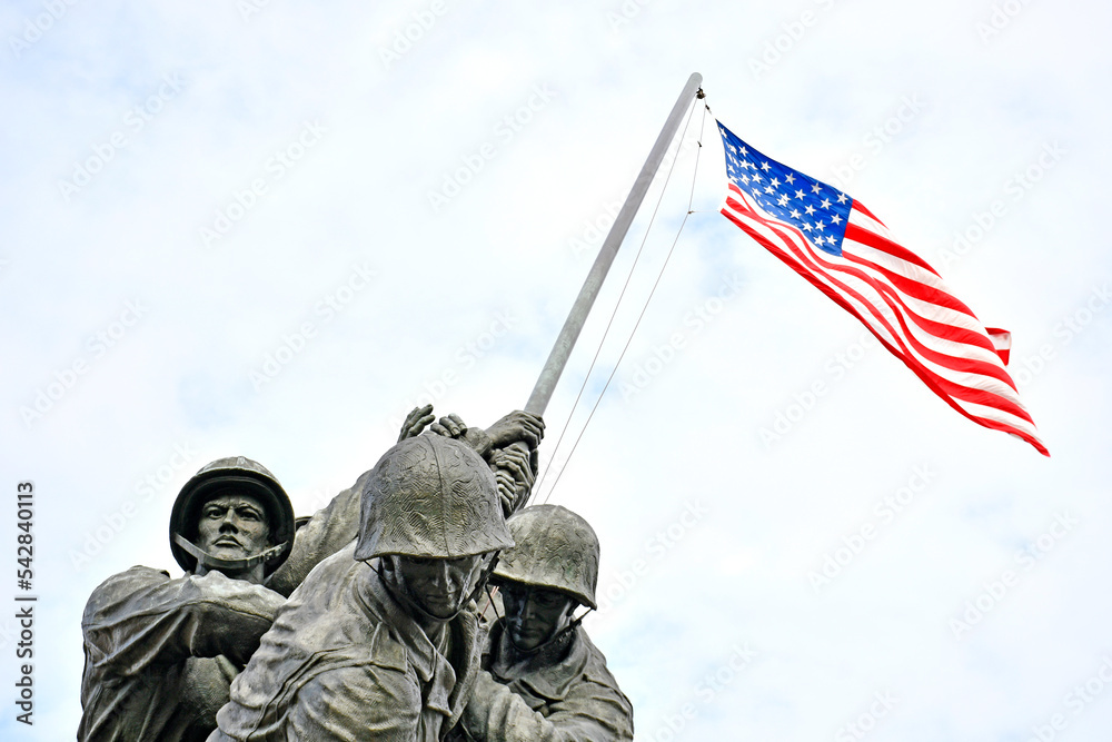 Marine Corps War memorial depicting raising American flag on Iwo Jima in WWII (World War 2) at Arlington, Virginia in the United States