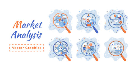 Poster - Market statistics data analysis metaphor marketing strategy development. Business research. Identify business needs determine solutions problems solving. View financial data through magnifying glass