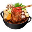 Japanese wagyu shabu shabu and sukiyaki illustration image. Sukiyaki japanese beef and pork hot pot recipe. Asian hot pot meat slices drawing.