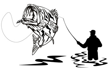 Wall Mural - illustration of a largemouth bass jumping being hook by fisherman done in retro style