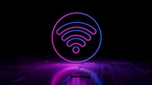 Pink And Blue Wireless Technology Concept With Wifi Symbol As A Neon Light. Vibrant Colored Icon, On A Black Background With High Tech Floor. 3D Render
