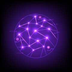 Poster - high-tech globe circle with a triangle on the surface, glowing, shining on the intersection, with symbols all around