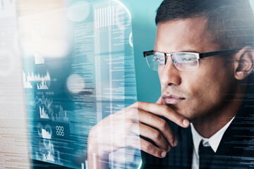Poster - Accountant, hologram or businessman thinking for futuristic computer AI, stock market trading or economy big data analytics. Digital, finance software or man for cyber security or bitcoin investment