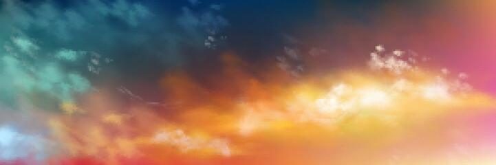 Wall Mural - Sunset sky with realistic cloud texture, vector illustration. Dramatic twilight or sunrise cloudscape in orange, blue and green colors illuminated by sunlight. Beautiful nature. Abstract background