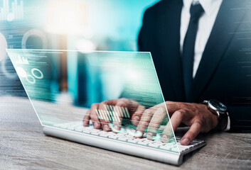 Aufkleber - Hands, hologram and man on laptop in office for finance, planning and investment on futuristic, innovation and software. Double exposure, hands and businessman on keyboard, stock market and trading