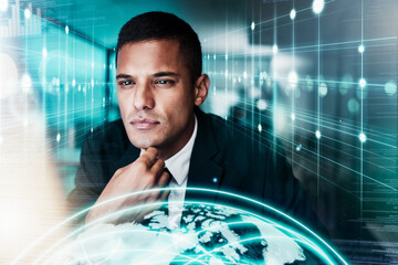 Aufkleber - Hologram, world and thinking with a business man on a digital overlay background with futuristic technology. Earth, metaverse and 3d with a male employee networking around the virtual globe