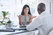 © C D/peopleimages.com - Job interview, recruitment and black man and black woman talking, having conversation and discussion. Management, boss and woman in business meeting with man for job, employment and hiring in office