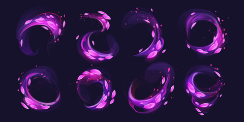 Poster - purple light circles with sparks and leaves motion effect. magic glow with star dust and sparkles. a