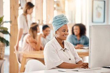 Wall Mural - Business, black woman and computer planning for digital marketing agency, seo research and internet analysis at office desk. Happy african employee working on desktop pc, reading email and analytics