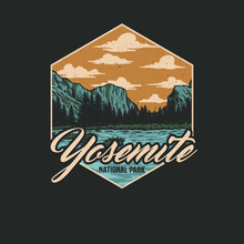 Yosemite National Park, Hand Drawn Line Style With Digital Color, Vector Illustration