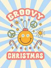Aufkleber - Groovy Christmas vector illustration with daisy flowers, sweets, peace symbol and smiling christmas ball. Retro groovy print in style 70s, 80s.