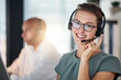 Call center, telemarketing and employee with smile for customer service, support and online help. Communication, consulting and portrait of a happy consultant in a crm office for business on the web