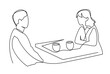 A man and a woman are talking at a table in a cafe. Interview over a cup of tea continuous one line vector illustration.