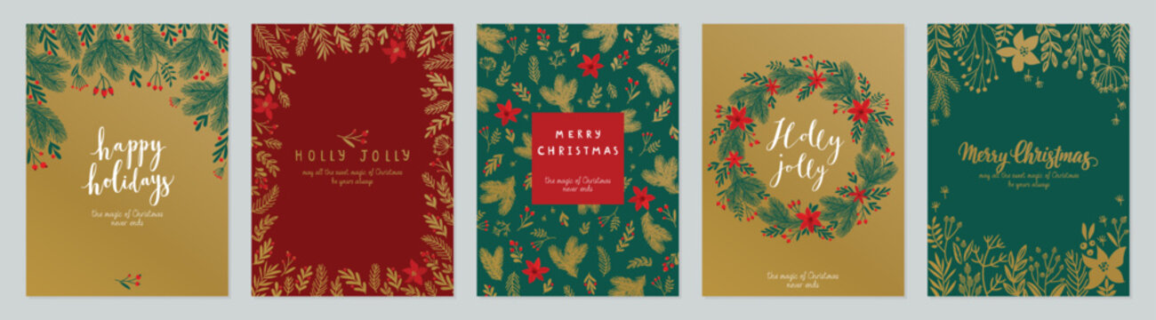 Fototapete - Christmas card set - hand drawn floral flyers. Lettering with christmas decorative elements.