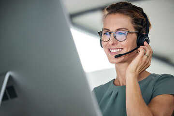customer service, woman and happy call center agent giving advice online using a headset. operator, 
