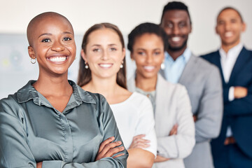 Portrait, teamwork and success with a female leader, CEO or manager and her team in a line in the office. Diversity, leadership and collaboration with a man and woman employee group together at work