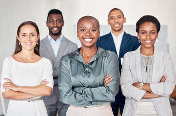 Canvas Print - Teamwork, corporate and business people with smile for partnership, collaboration and trust for professional work. Support, pride and portrait of happy employees with arms crossed for success